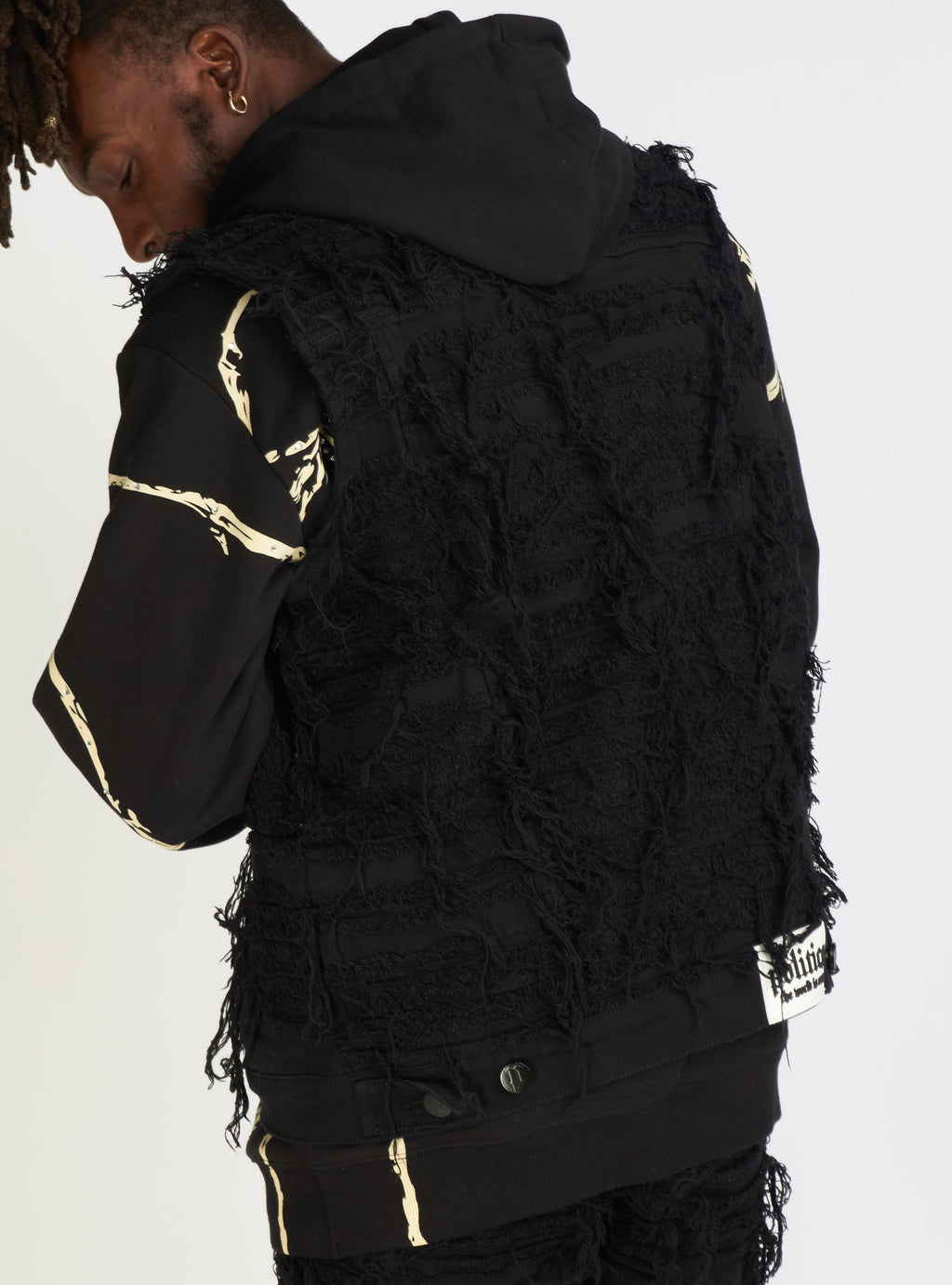 Politics Jean Vest - Thrashed Distressed Denim Vest - Black - Debris 492