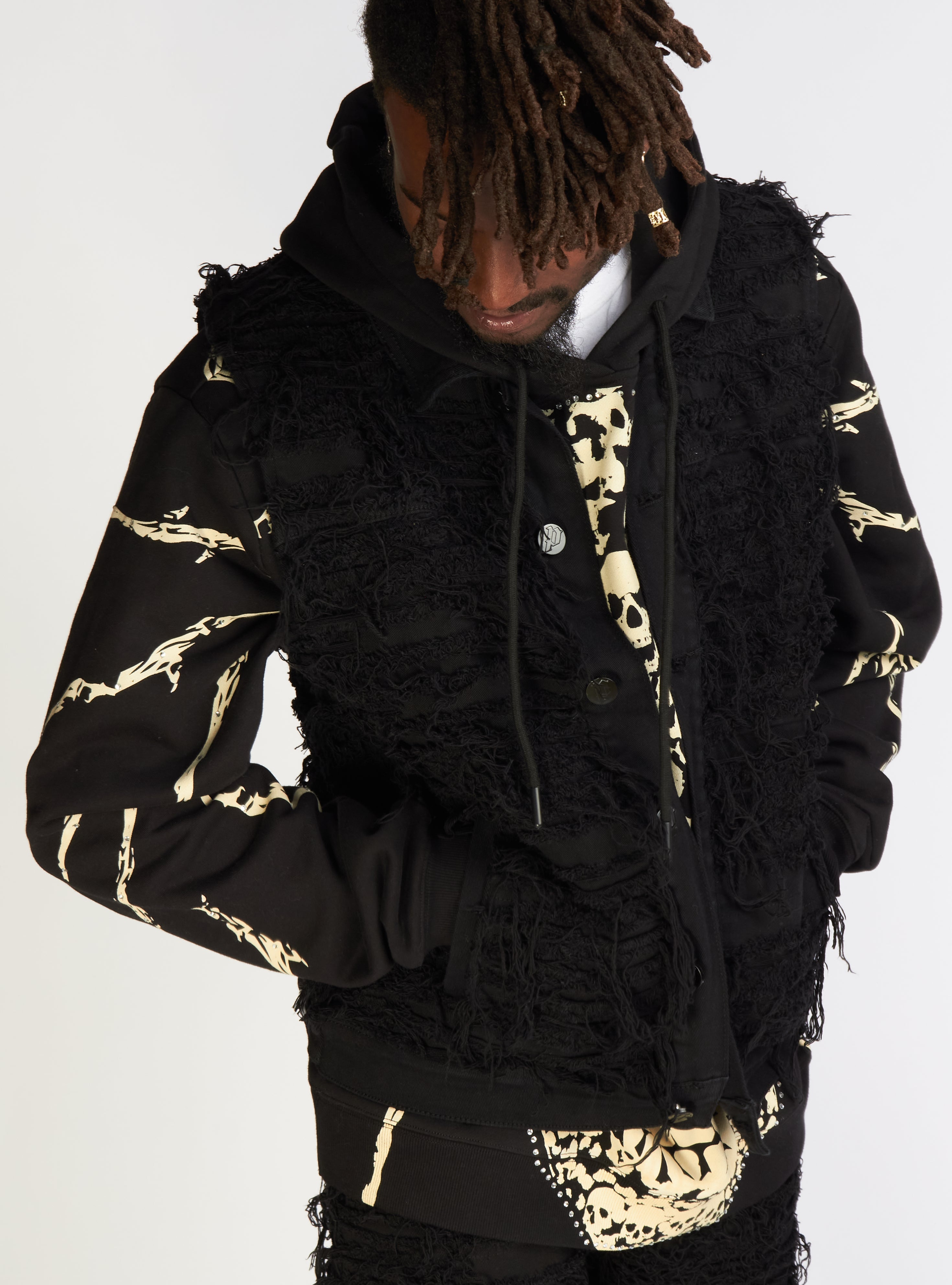 Politics Jean Vest - Thrashed Distressed Denim Vest - Black - Debris 492