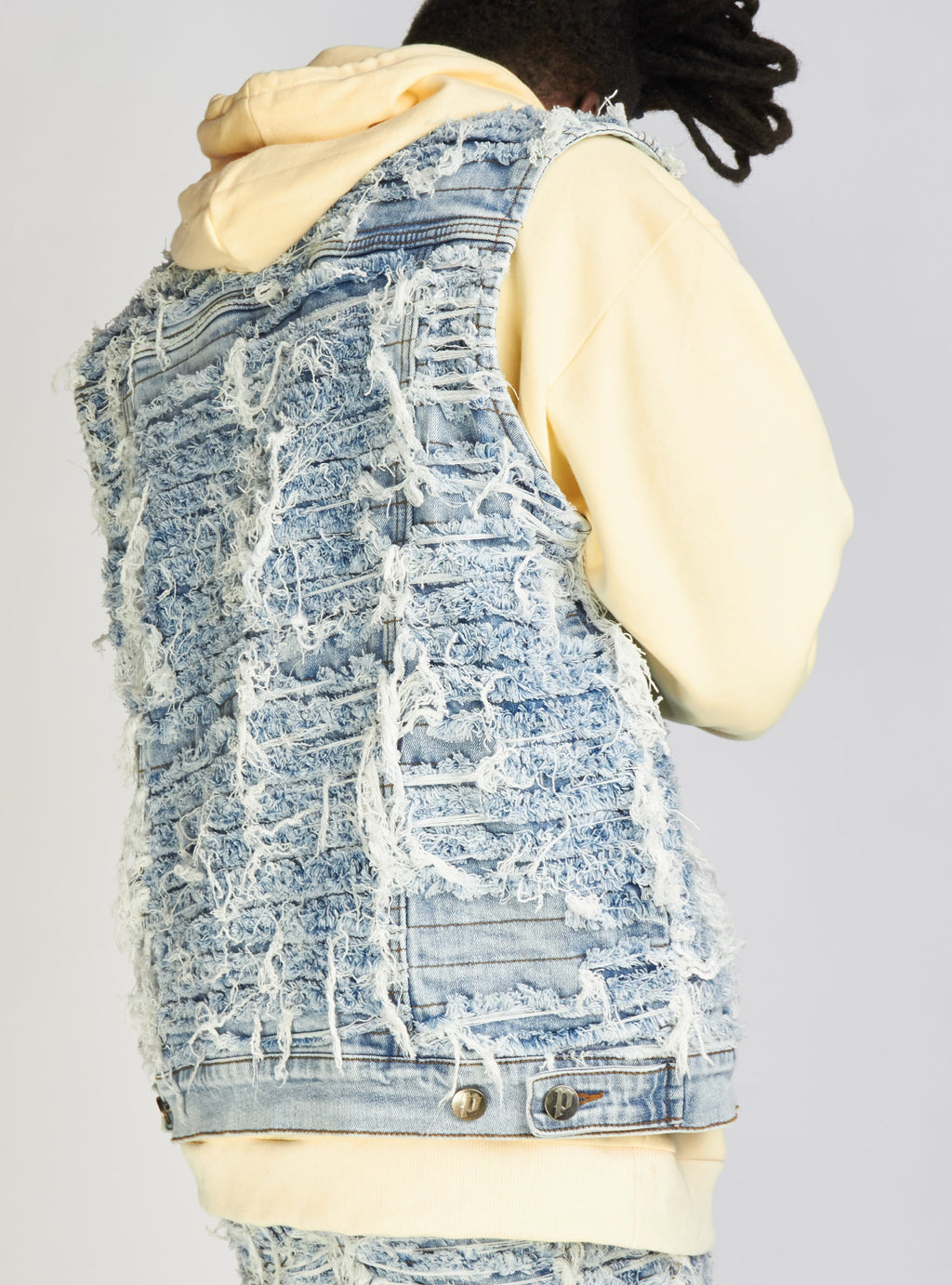 Politics Jean Vest - Thrashed Distressed Denim Vest - Blue Wash - Debris 495