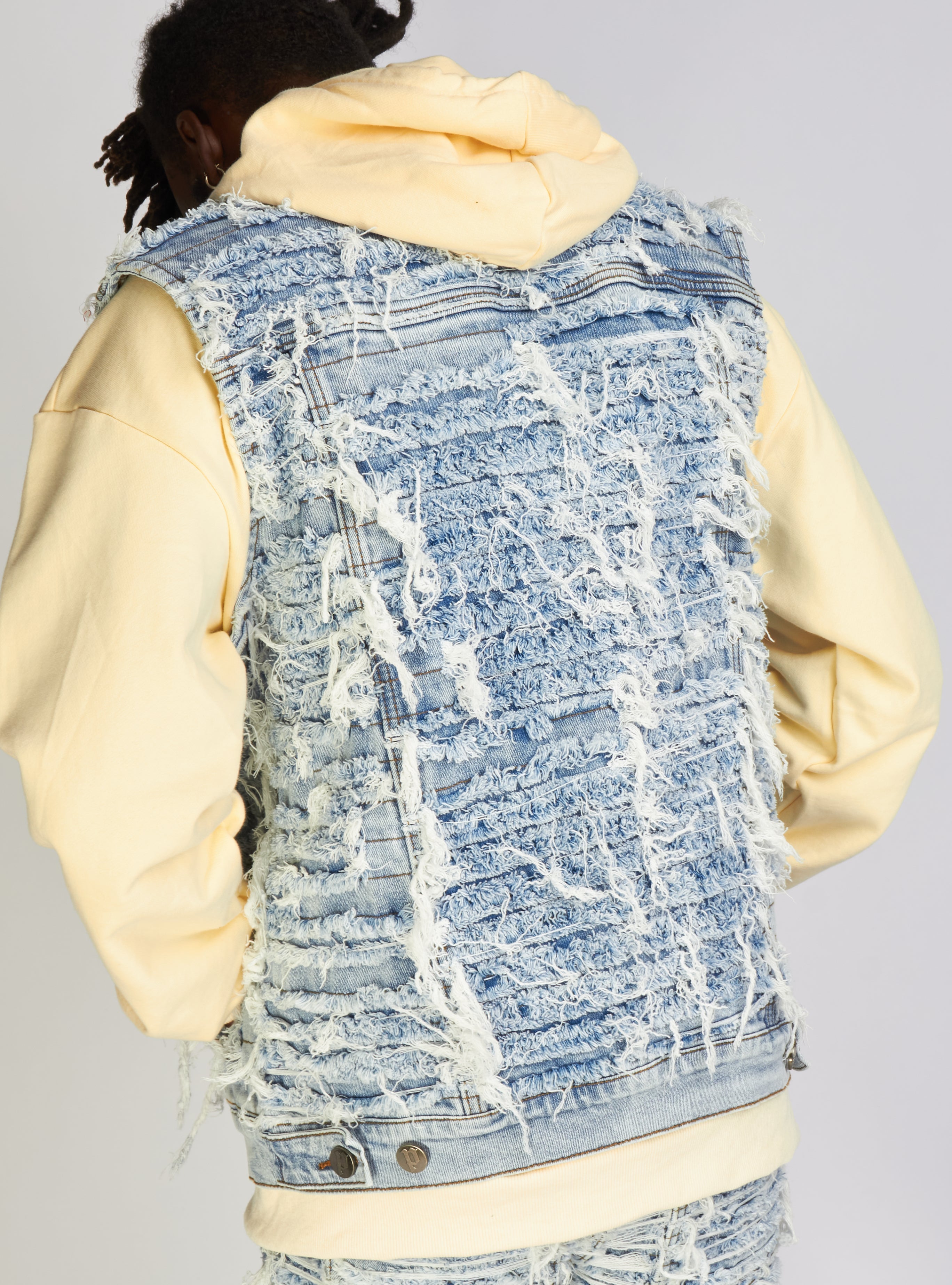 Politics Jean Vest - Thrashed Distressed Denim Vest - Blue Wash - Debris 495