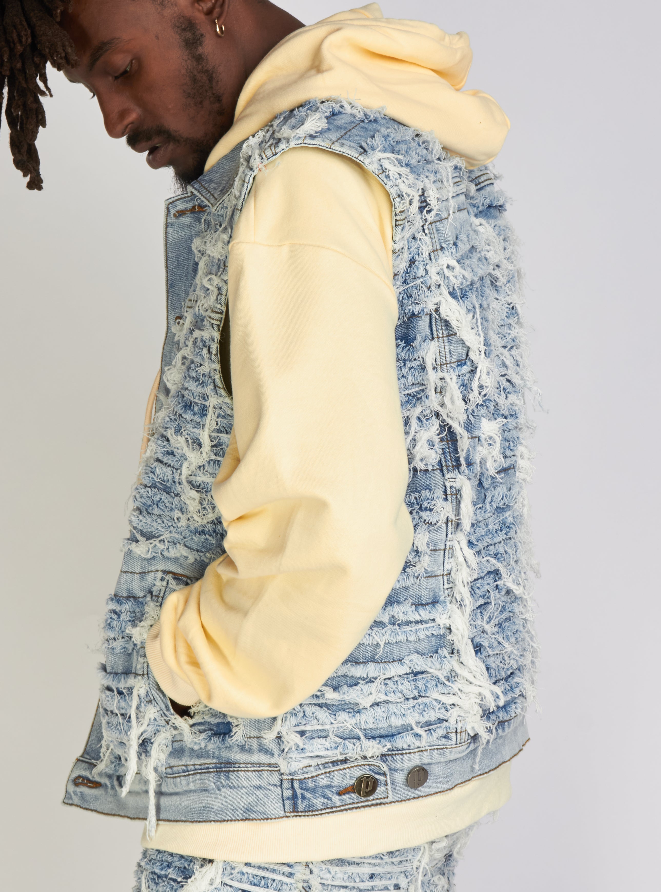 Politics Jean Vest - Thrashed Distressed Denim Vest - Blue Wash - Debris 495