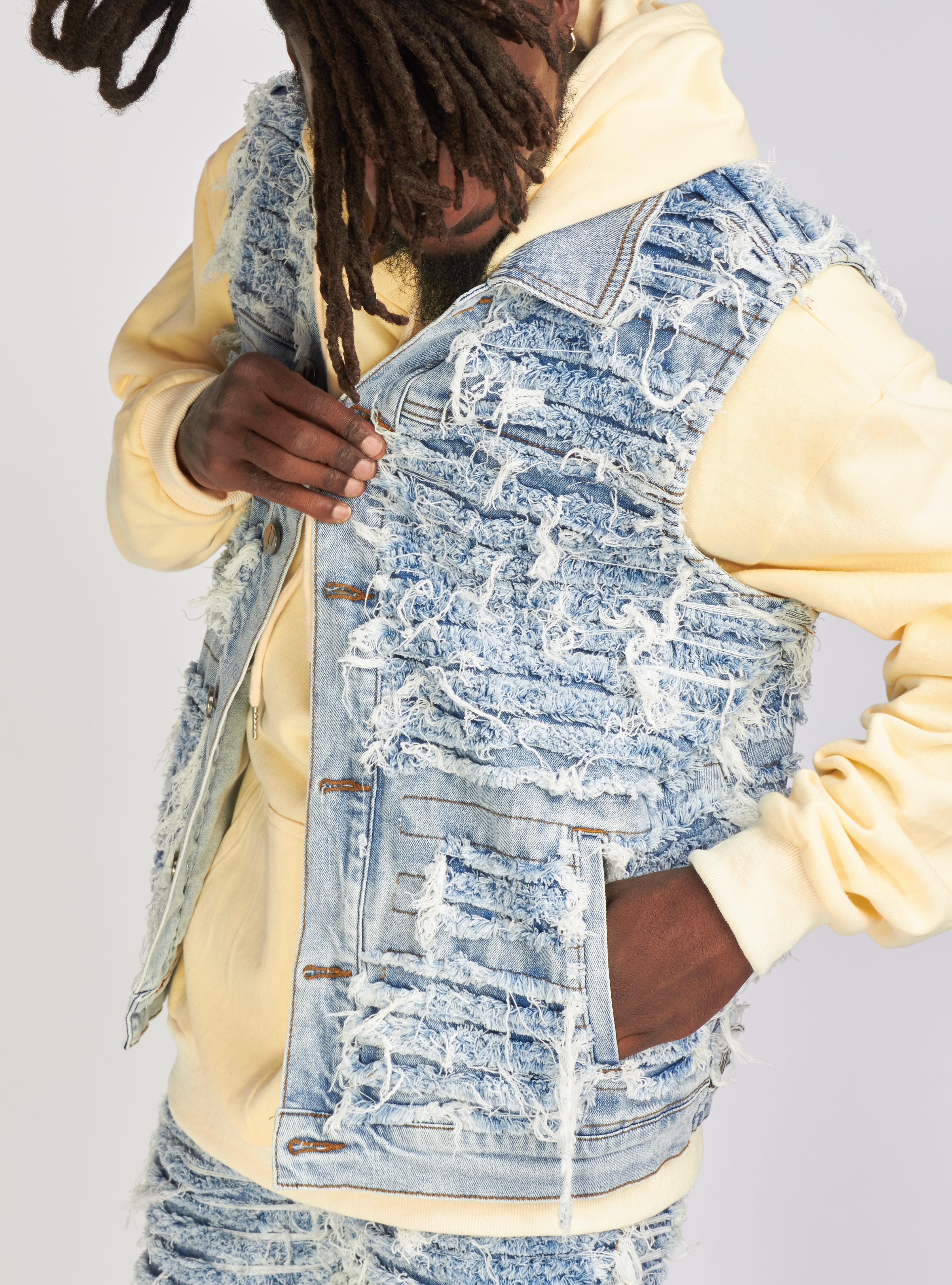 Politics Jean Vest - Thrashed Distressed Denim Vest - Blue Wash - Debris 495