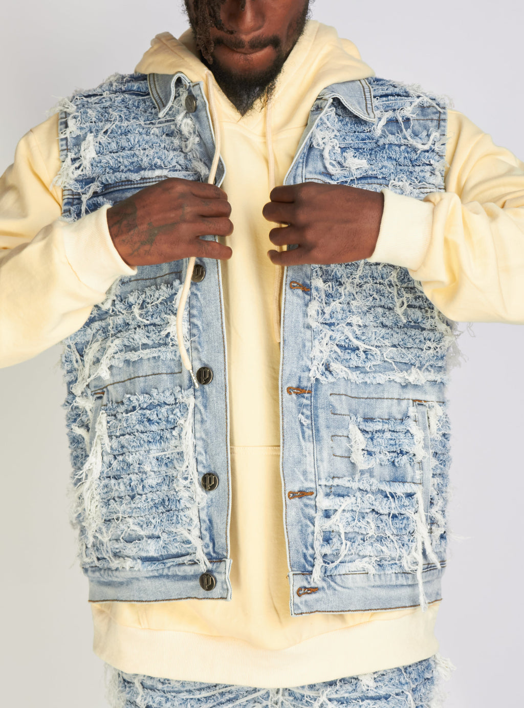 Politics Jean Vest - Thrashed Distressed Denim Vest - Blue Wash - Debris 495