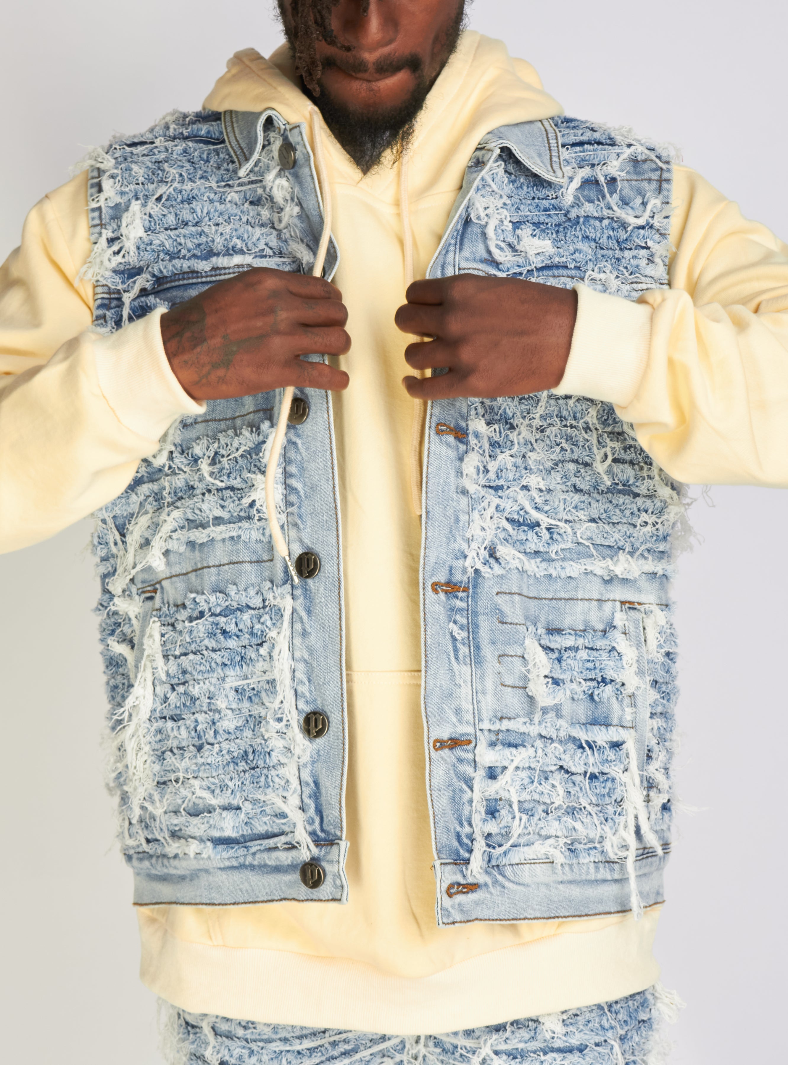 Politics Jean Vest - Thrashed Distressed Denim Vest - Blue Wash - Debris 495