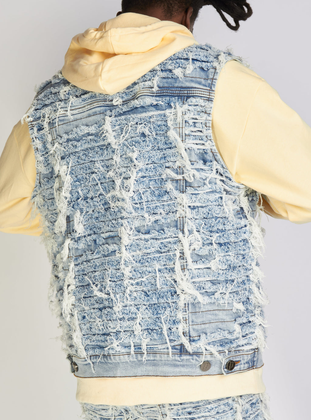 Politics Jean Vest - Thrashed Distressed Denim Vest - Blue Wash - Debris 495