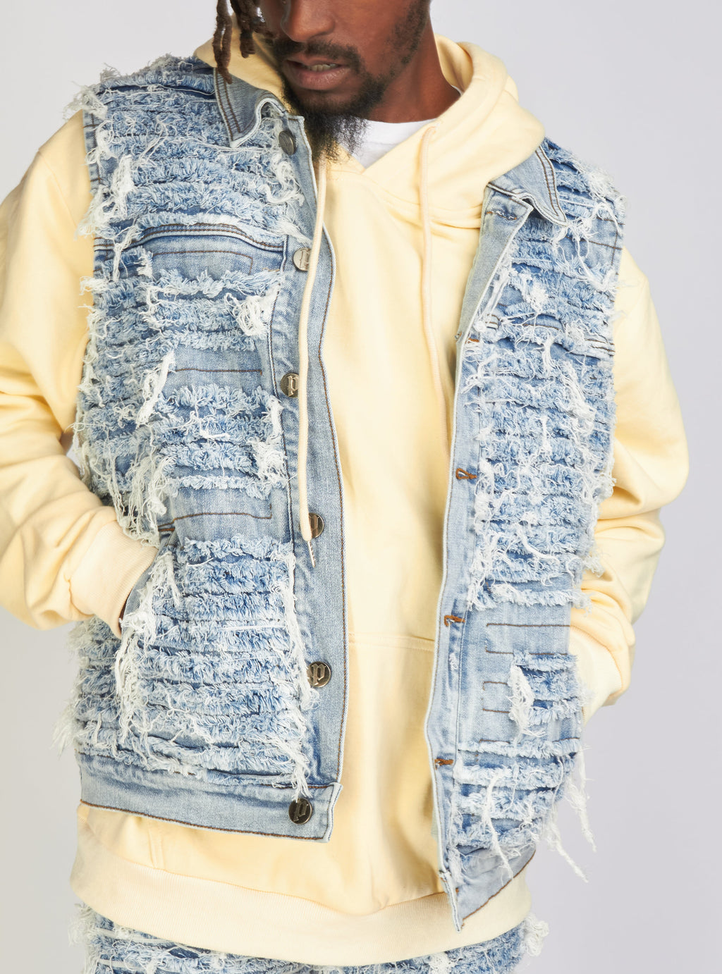 Politics Jean Vest - Thrashed Distressed Denim Vest - Blue Wash - Debris 495