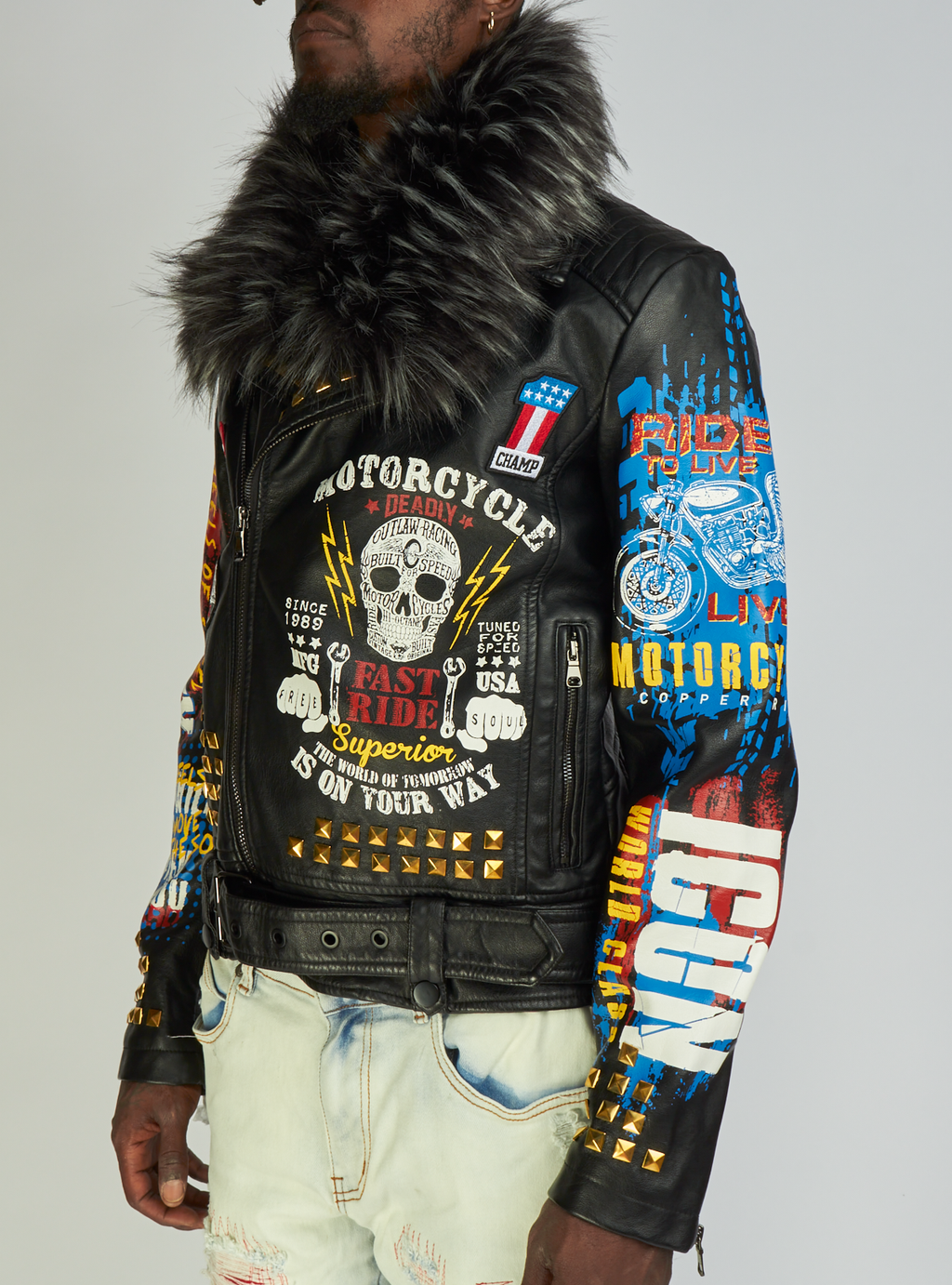 Copper Rivet Leather Jacket - Graffiti Fur - Black - 135009