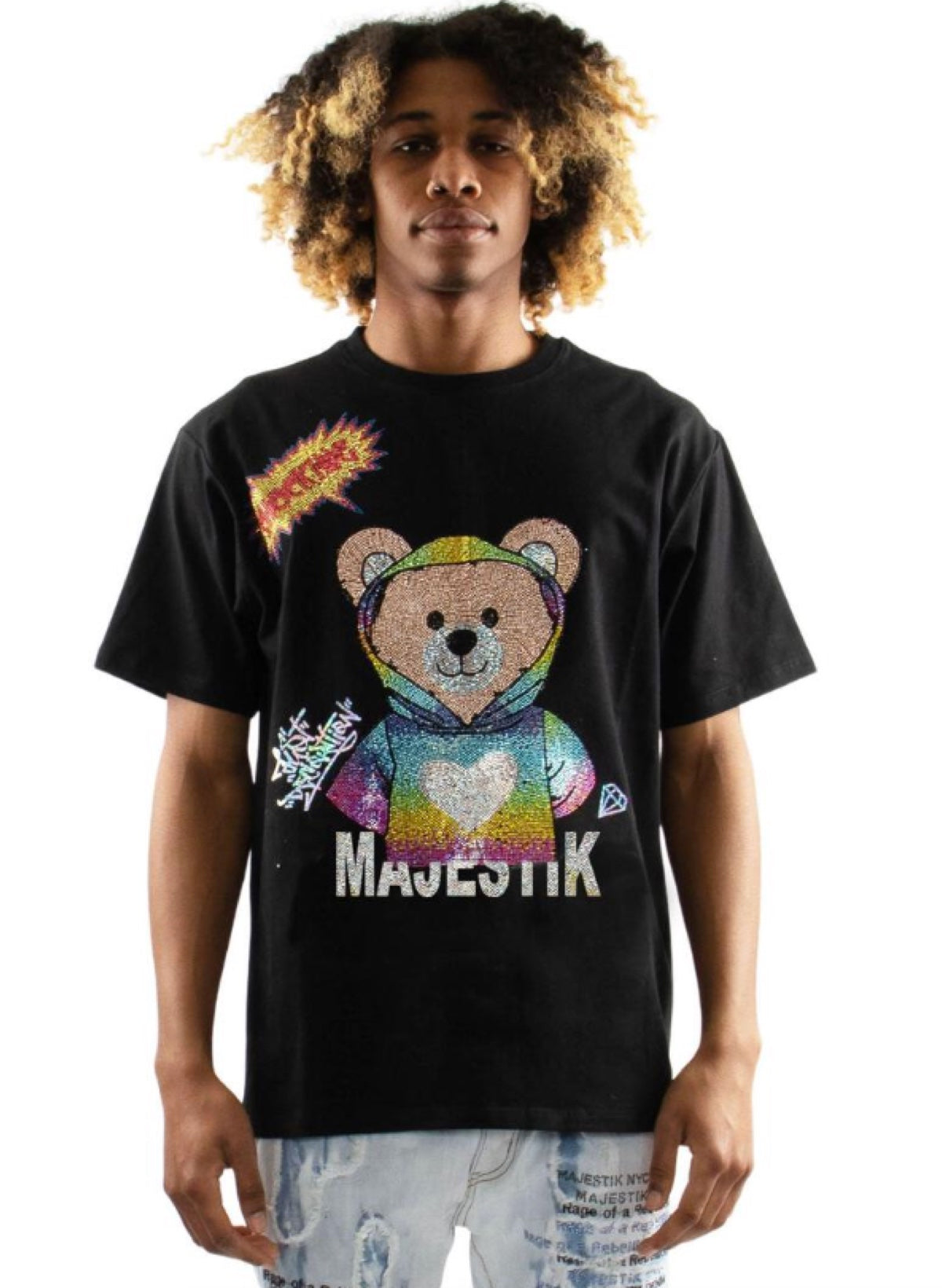 Majestik T-Shirt - Rhinestone Rainbow Teddy - Black - TE2192