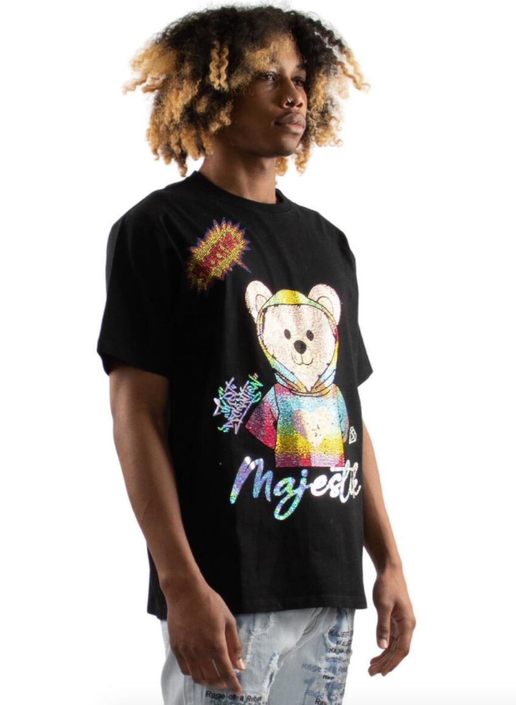 Majestik T-Shirt - Rhinestone Rainbow Teddy - Black - TE2192