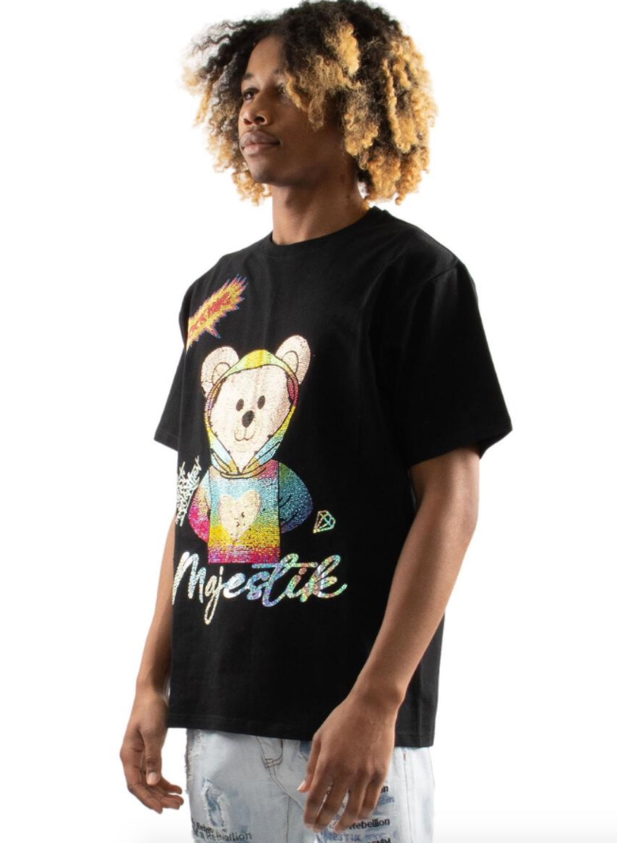 Majestik T-Shirt - Rhinestone Rainbow Teddy - Black - TE2192