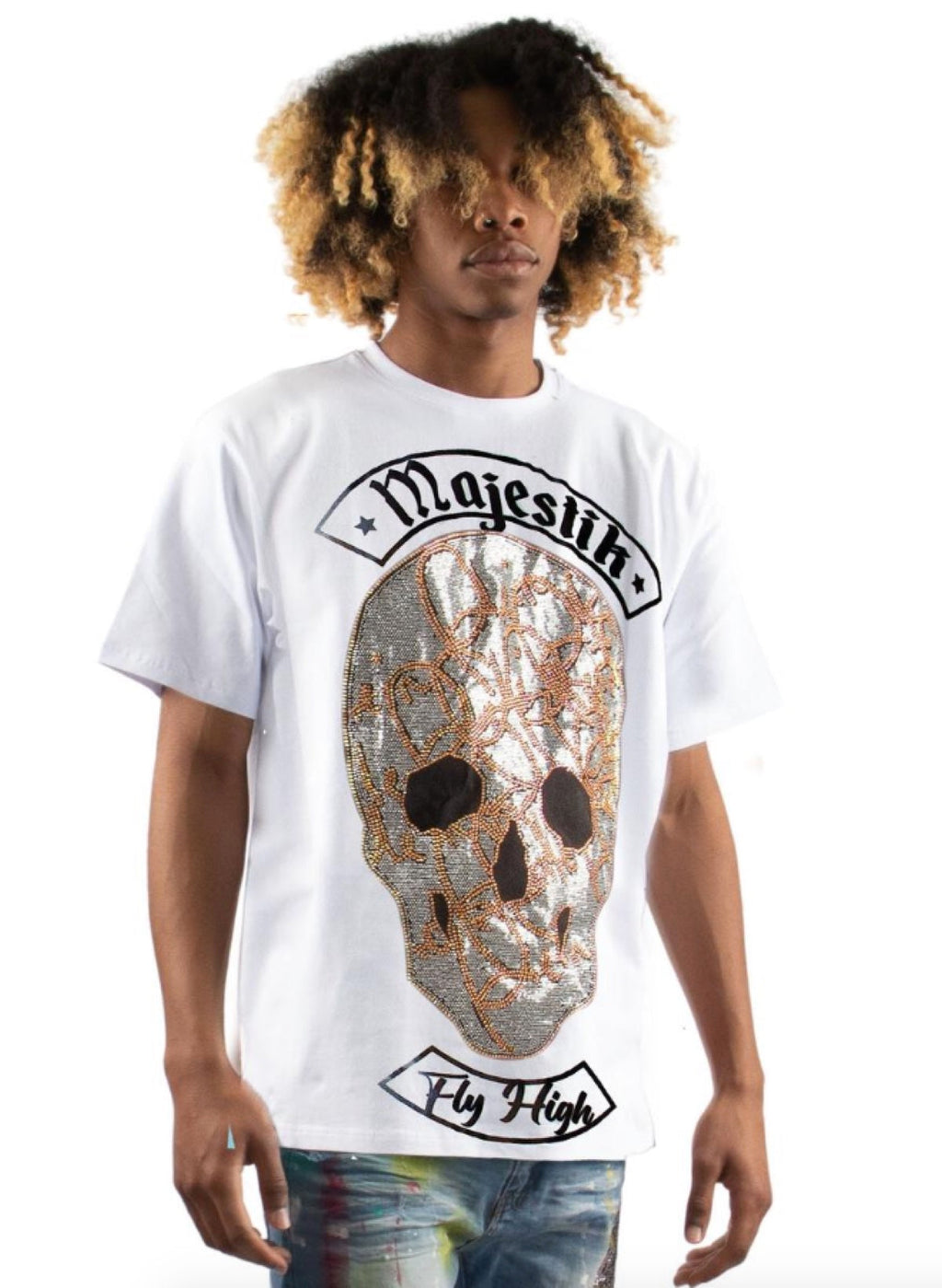 Majestik T-Shirt - Rhinestone Chain Skull - White - TE2194