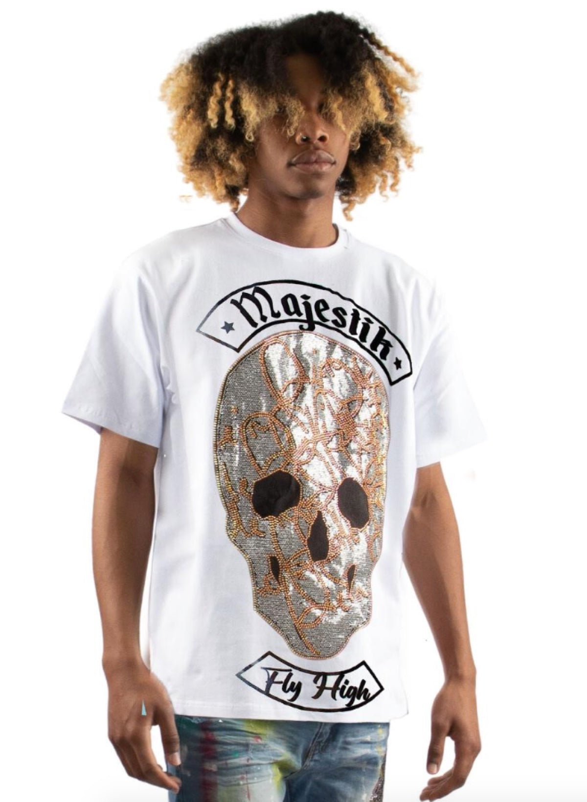 Majestik T-Shirt - Rhinestone Chain Skull - White - TE2194