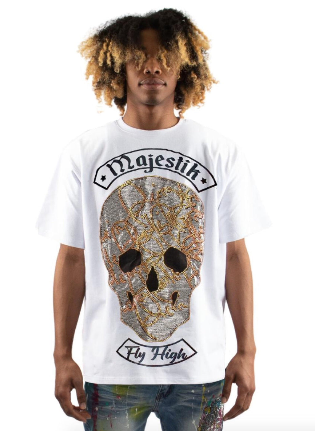 Majestik T-Shirt - Rhinestone Chain Skull - White - TE2194
