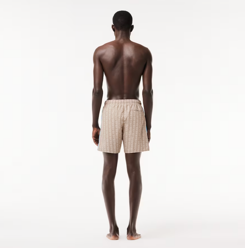 Lacoste Shorts - Men's Monogram Print Swim Trunks - Beige And Blue  - MH6980-51
