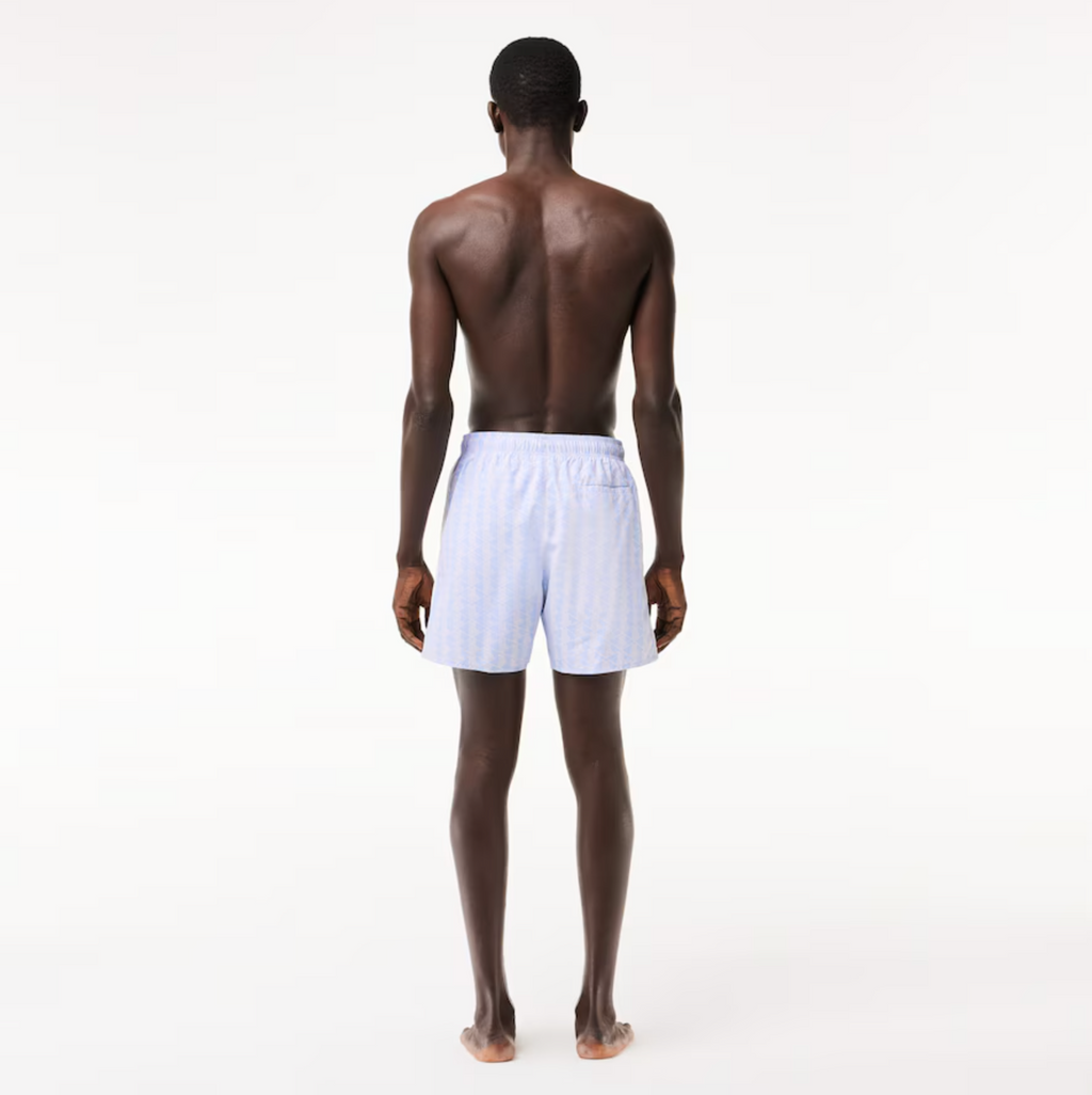 Lacoste Shorts - Men's Monogram Print Swim Trunks - Blue And White - MH6980-51