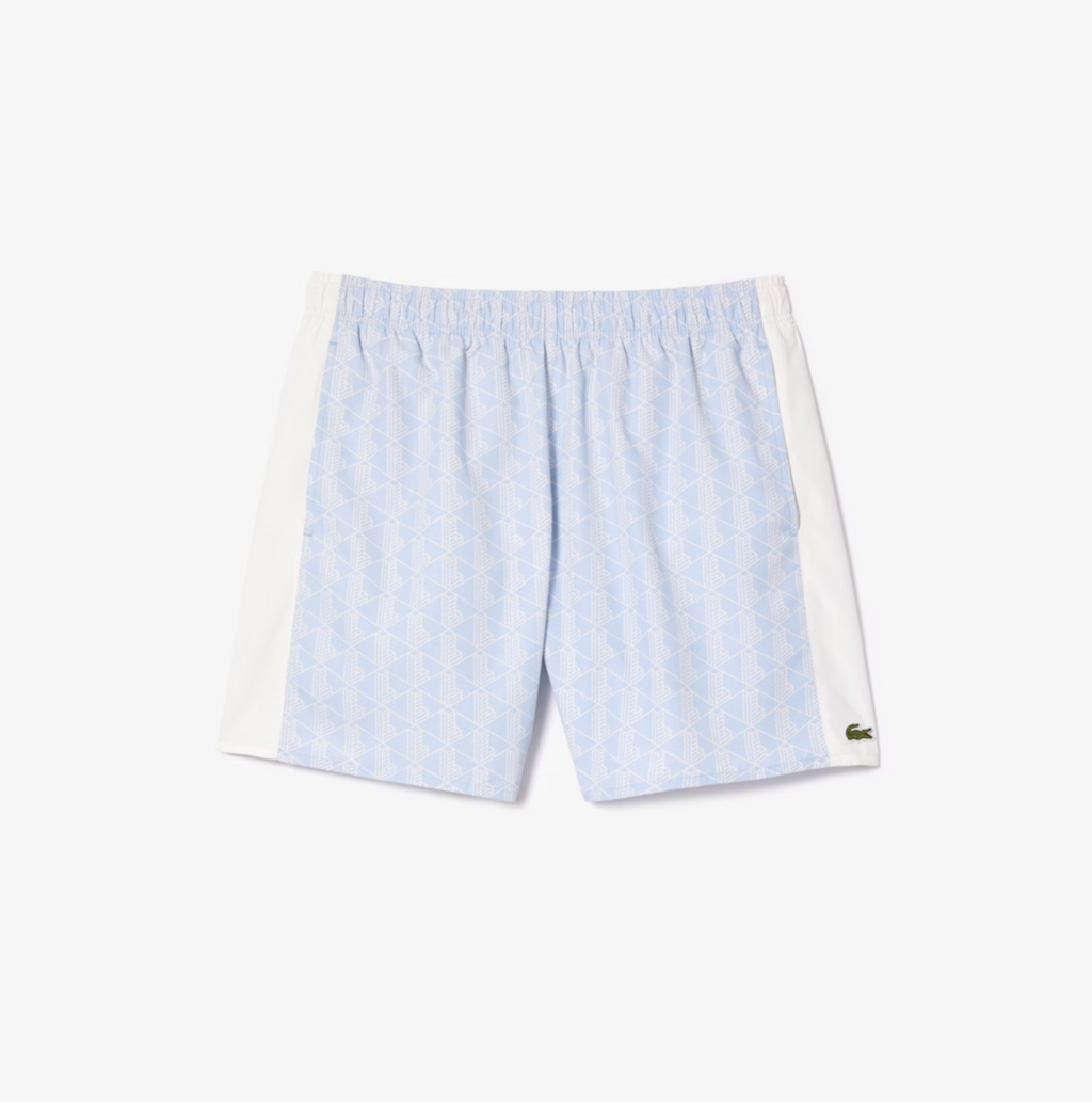 Lacoste Shorts - Men's Monogram Print Swim Trunks - Blue And White - MH6980-51