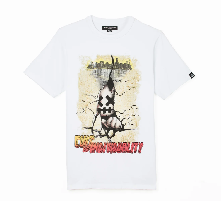Cult Of Individuality T-Shirt - Short Sleeve Crew Neck Tee " Cracked Wall" - White - 624B11-K24A