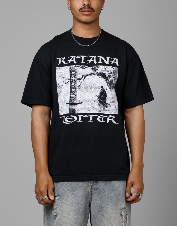Loiter T-Shirt - Katana Vintage Tee - Black Acid Wash - 02053555B017S