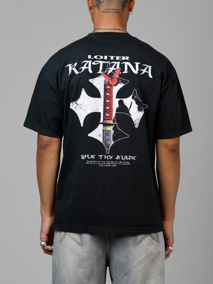 Loiter T-Shirt - Katana Vintage Tee - Black Acid Wash - 02053555B017S