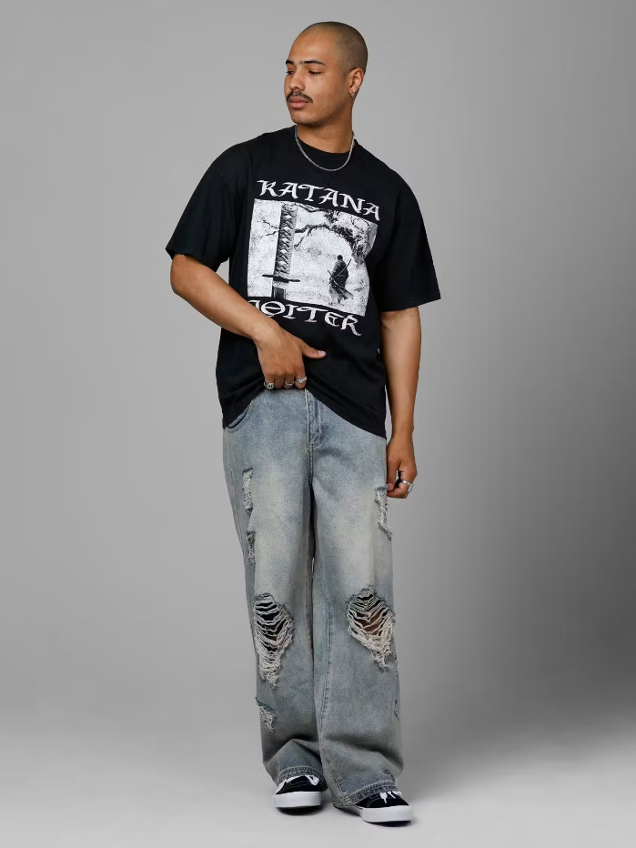 Loiter T-Shirt - Katana Vintage Tee - Black Acid Wash - 02053555B017S