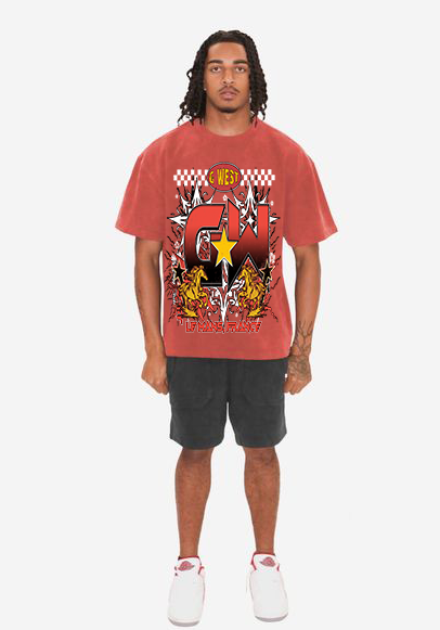 G West T-Shirt - Rhinestones Le Mans France Regular Tee - Red Acid Wash Yellow - RHAPTFG9262