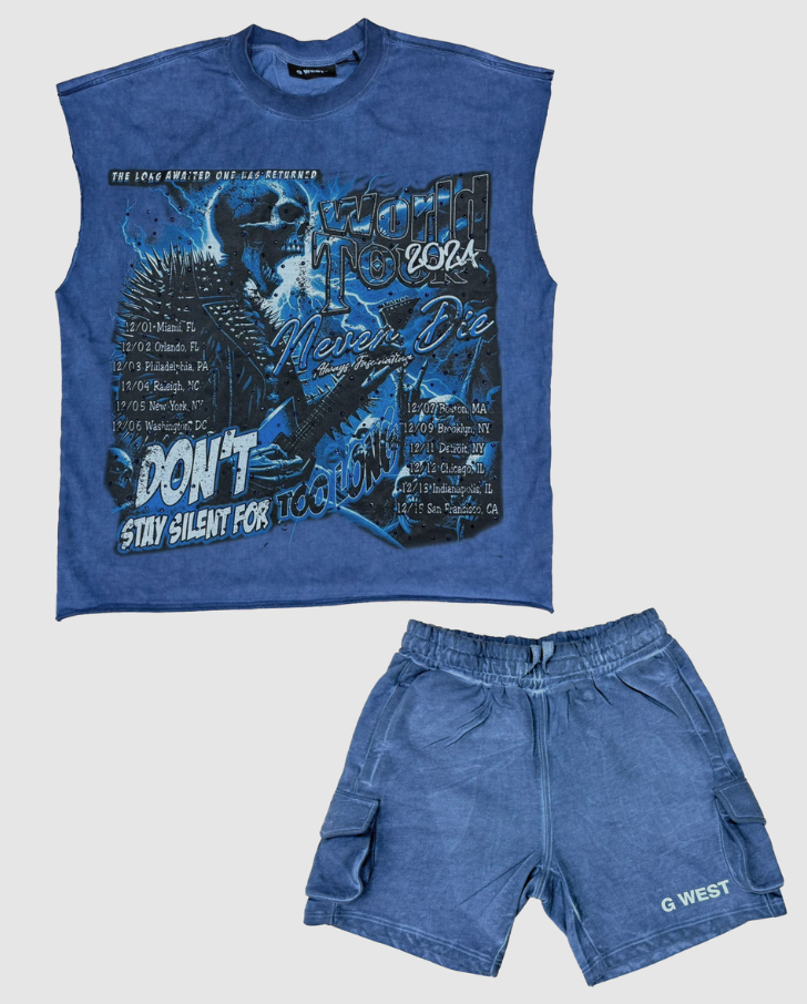 G West Short Set - Oil Wash Sleeveless World Tour Tee - Navy Oil Was\Black - GWRHSLSET5017