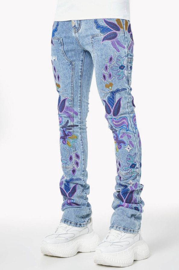 Guapi Jeans - Purple Flower Denim - Blue  - 565PFD
