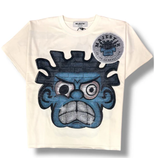 Majestik Skirt - Men's Face Rhinestone Tapestry Cropped T-Shirts - Egg-Shell - TE2556