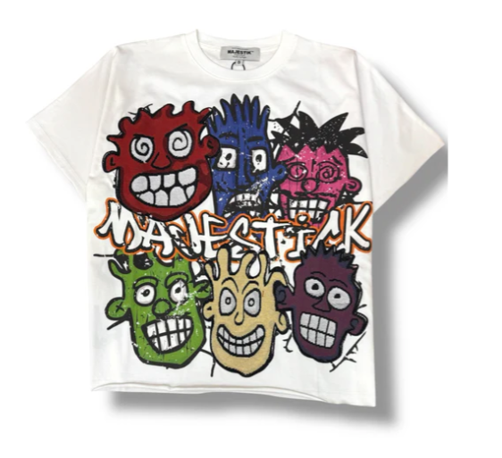 Majestik Shirt - Men's Multi Face Rhinestone Tapestry Cropped T-Shirts - Cream - TE2561