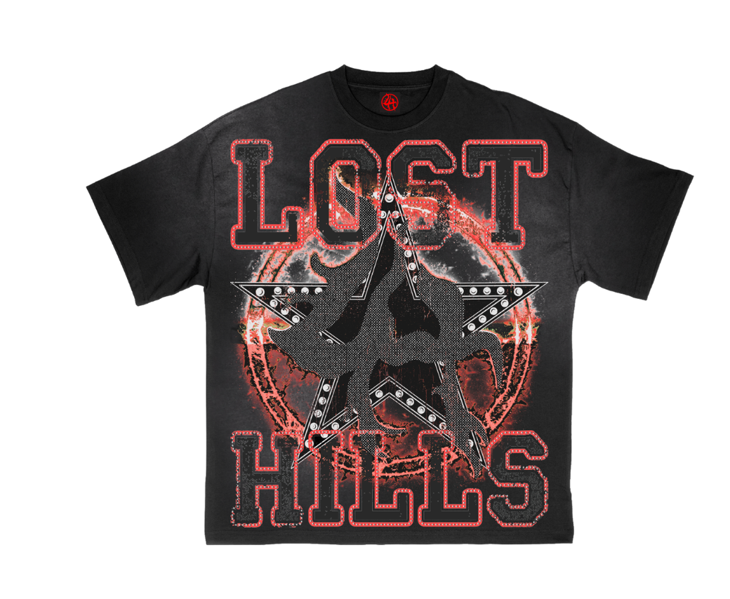 Lost Hills T-Shirt - Oversized Screenprint With Rhinestone - Black Washed - LH5002