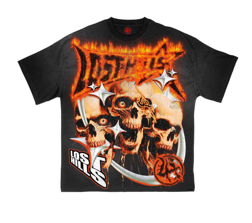 Lost Hills T-Shirt - Oversized Screenprint With Rhinestone - Black Washed - LH5007