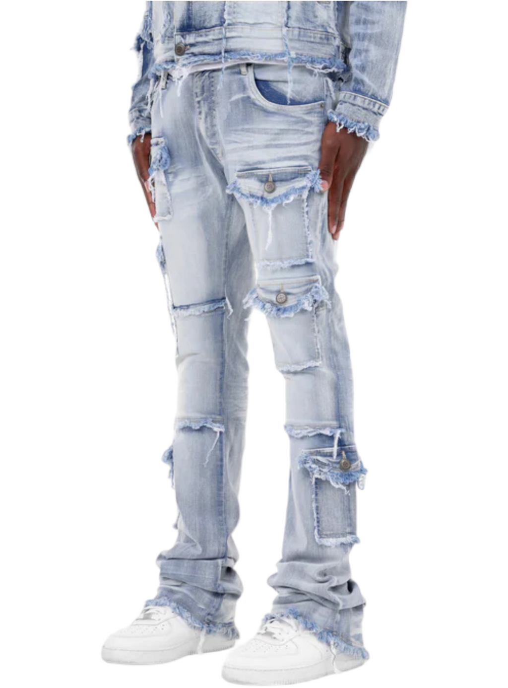 Copper Rivet Jeans - Fray Edge Cargo Pocket Stacked - Light Blue - 333239