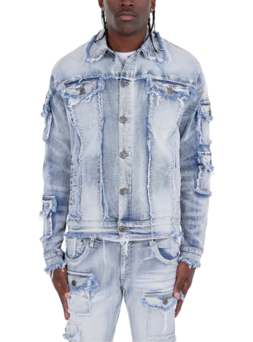 Copper Rivet Jean Jacket - Fray Trim Pocket - Light Blue - 333639