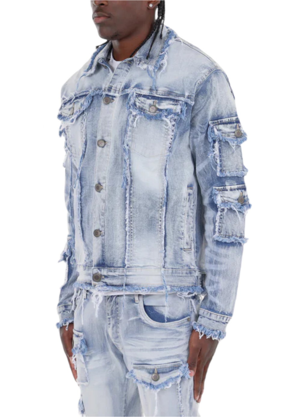 Copper Rivet Jean Jacket - Fray Trim Pocket - Light Blue - 333639