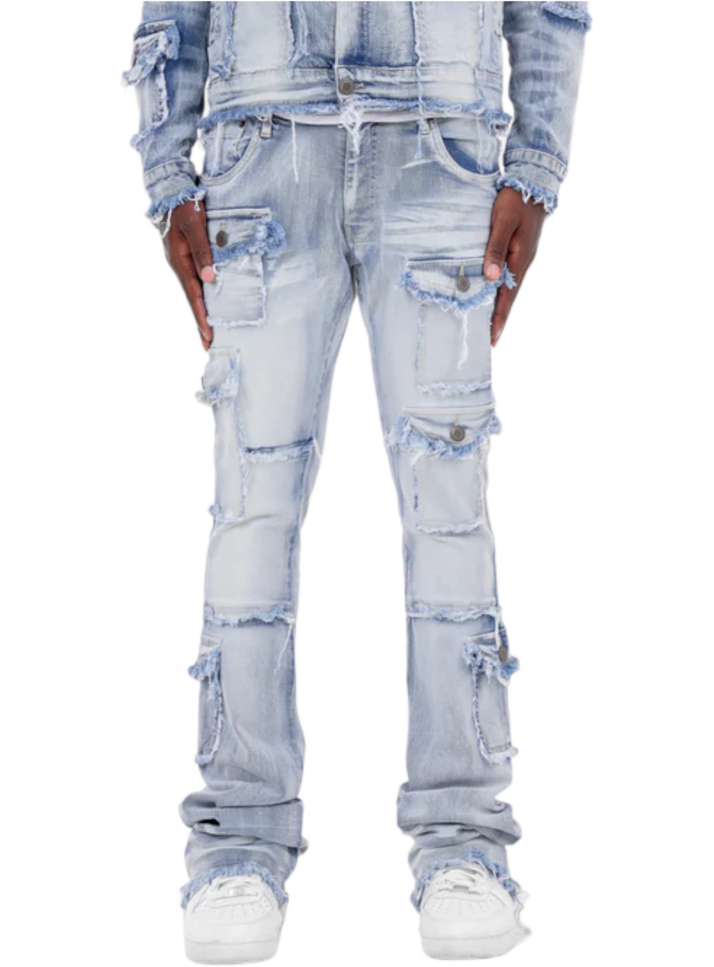 Copper Rivet Jeans - Fray Edge Cargo Pocket Stacked - Light Blue - 333239