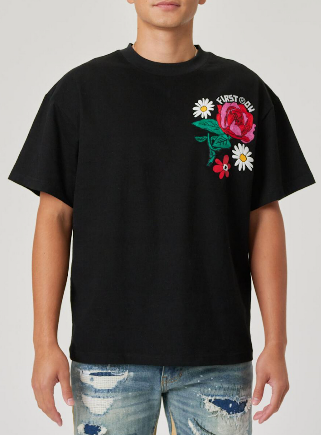 First Row T-Shirt - Flower Embo - Black - FRT2012