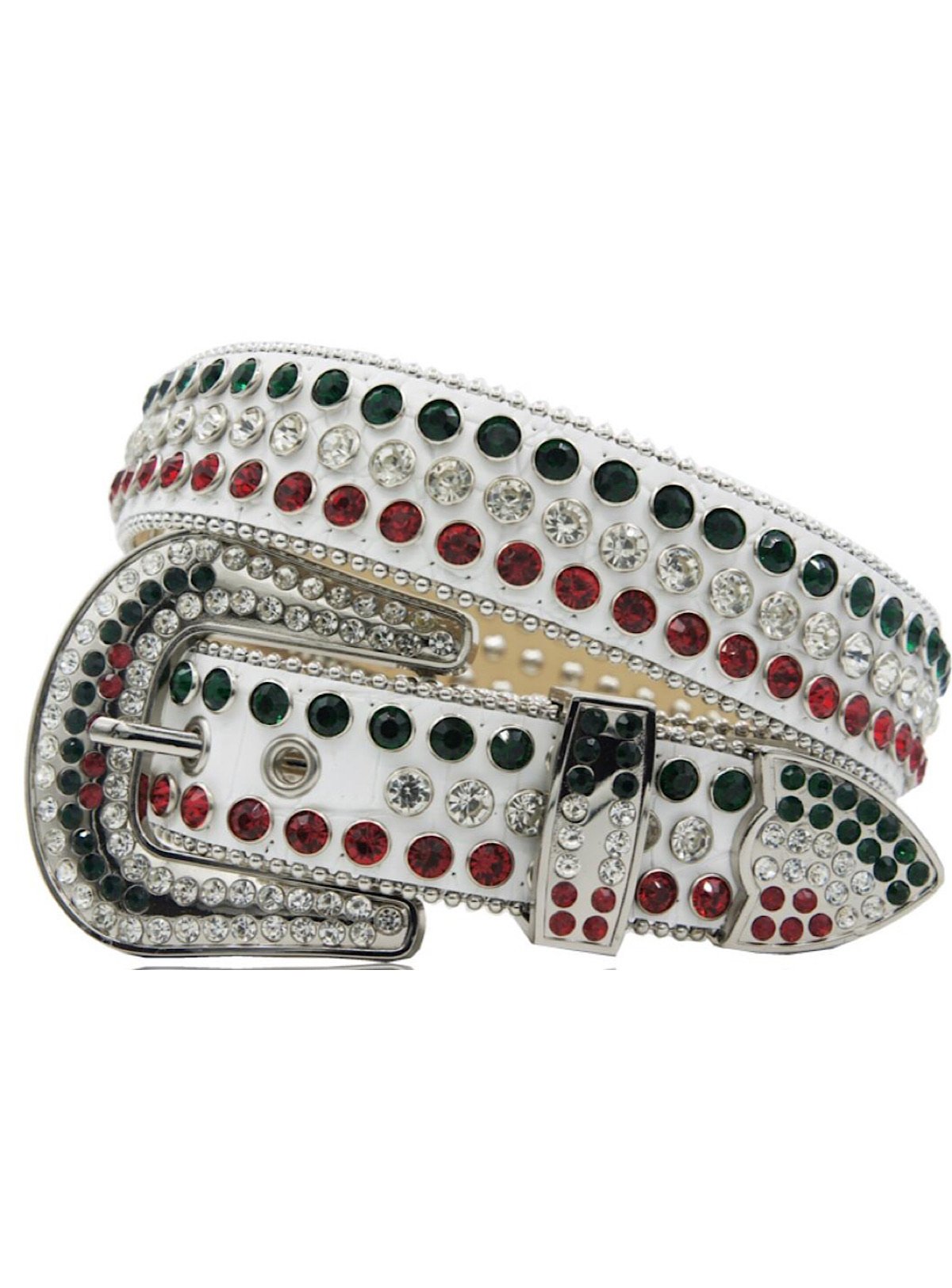 DNA Belt - Stones - White Leather With Green And Red Stones