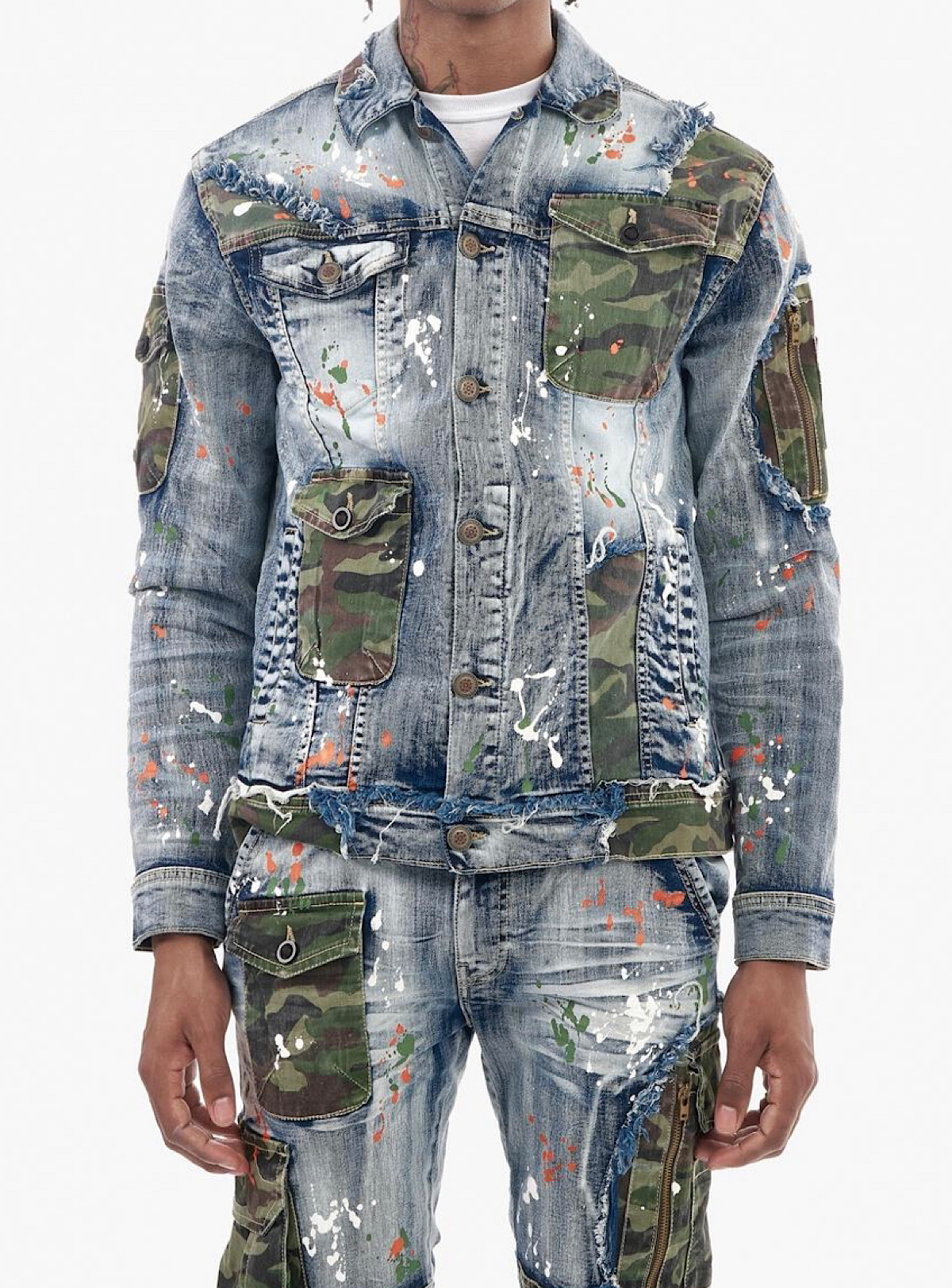 Copper Rivet Denim Jacket - Utility - Blue And Camo - 113522