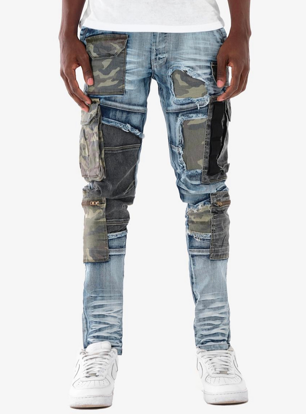Copper Rivet Jeans - Rip & Camo Repair - Blue And Camo - 133037