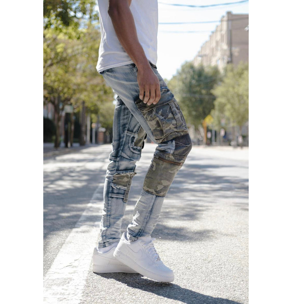 Copper Rivet Jeans - Rip & Camo Repair - Blue And Camo - 133037