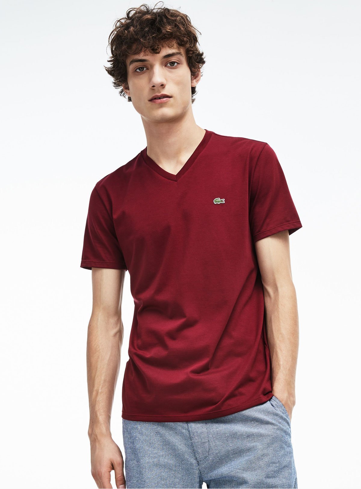 Lacoste - V-Neck Pima Cotton Jersey - T-Shirt - Bordeaux - Th6710