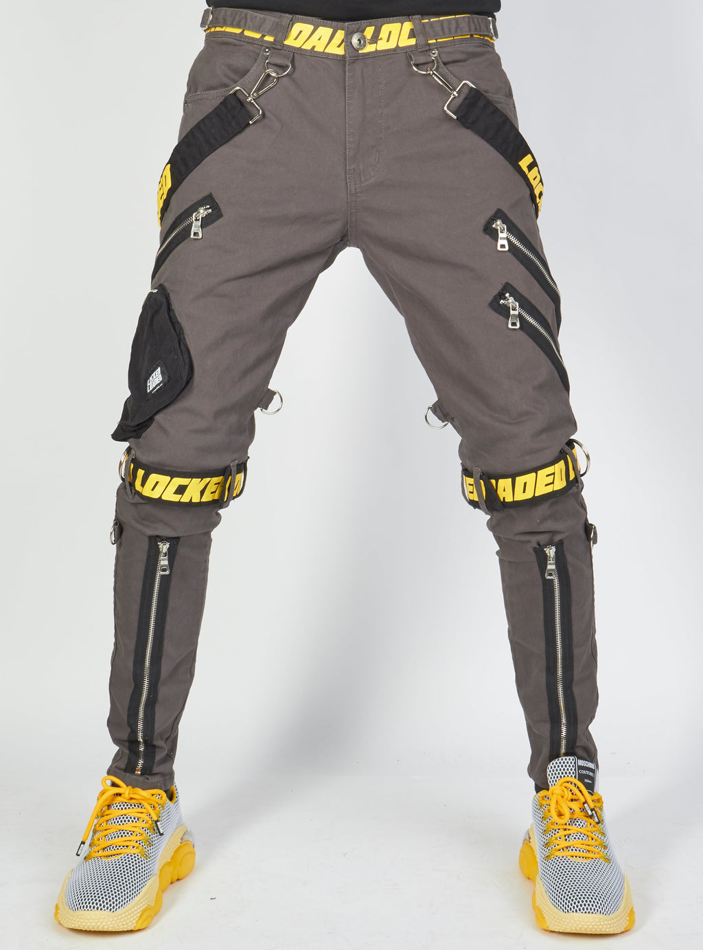 LNL Jeans - Straps and Pocket - Dark Grey and Yellow - LLTP104