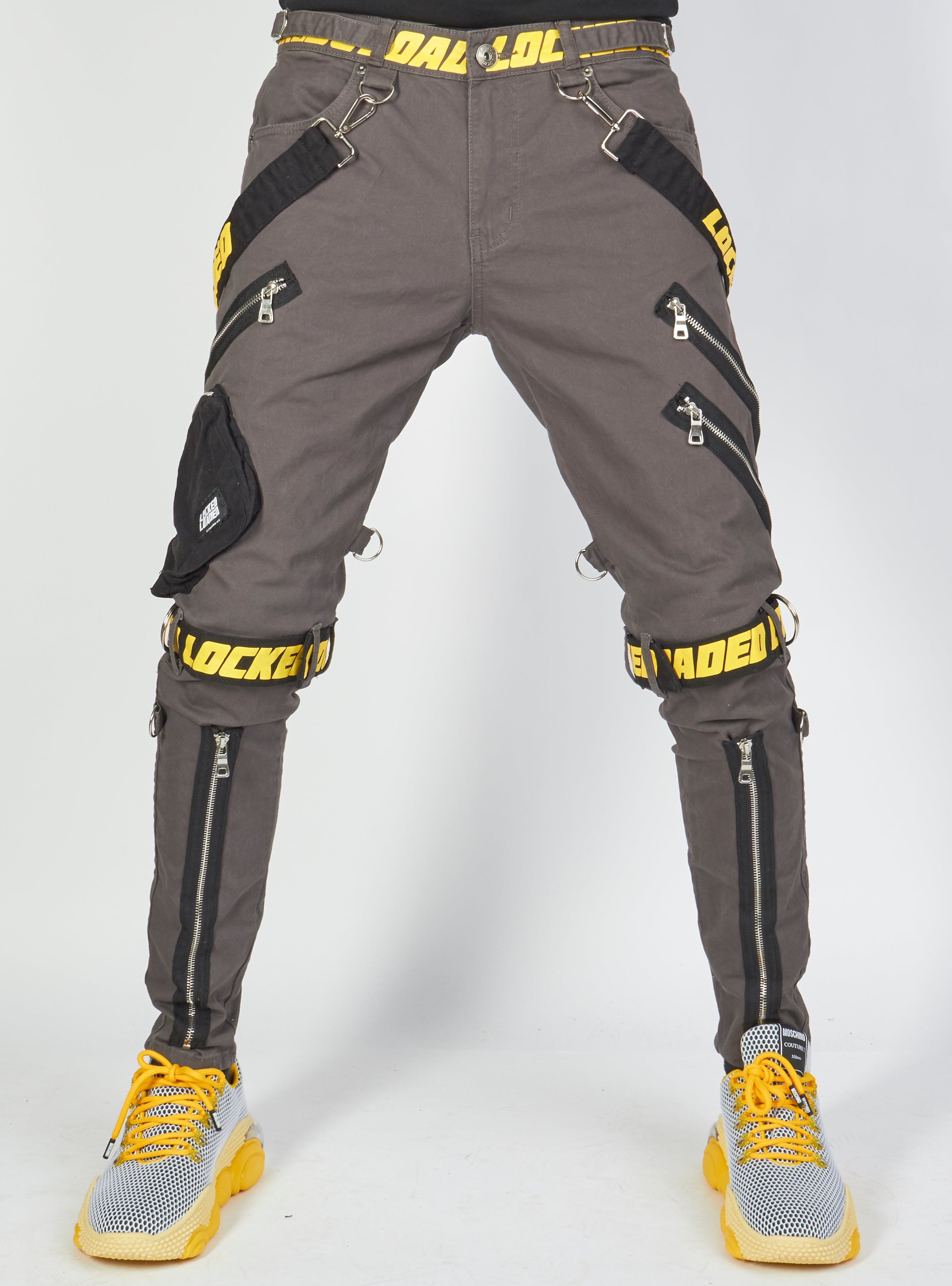 LNL Jeans - Straps and Pocket - Dark Grey and Yellow - LLTP104