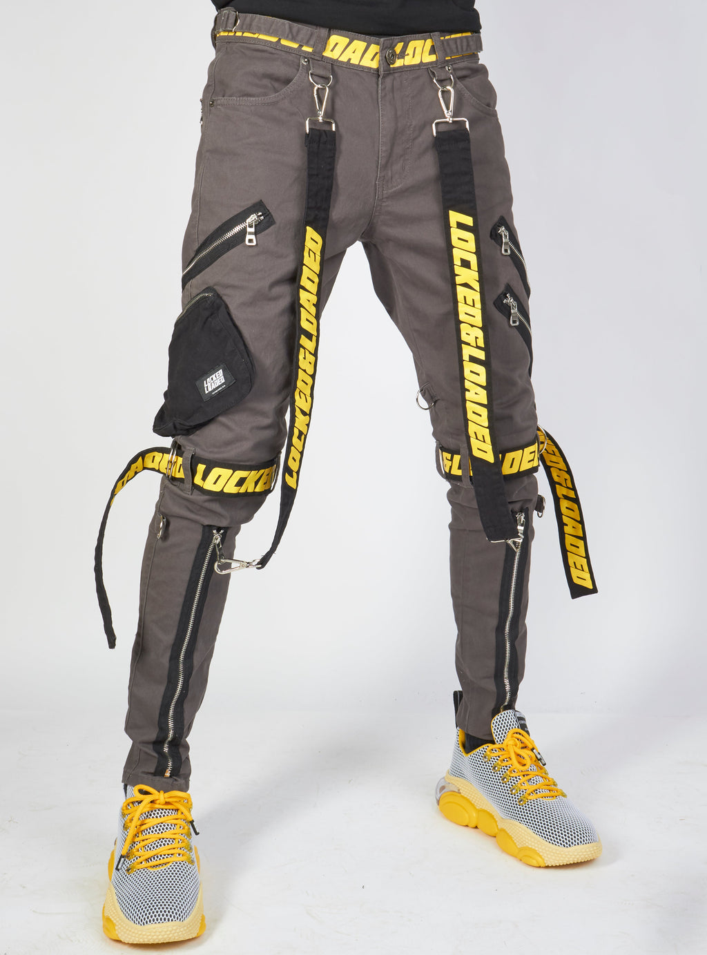 LNL Jeans - Straps and Pocket - Dark Grey and Yellow - LLTP104