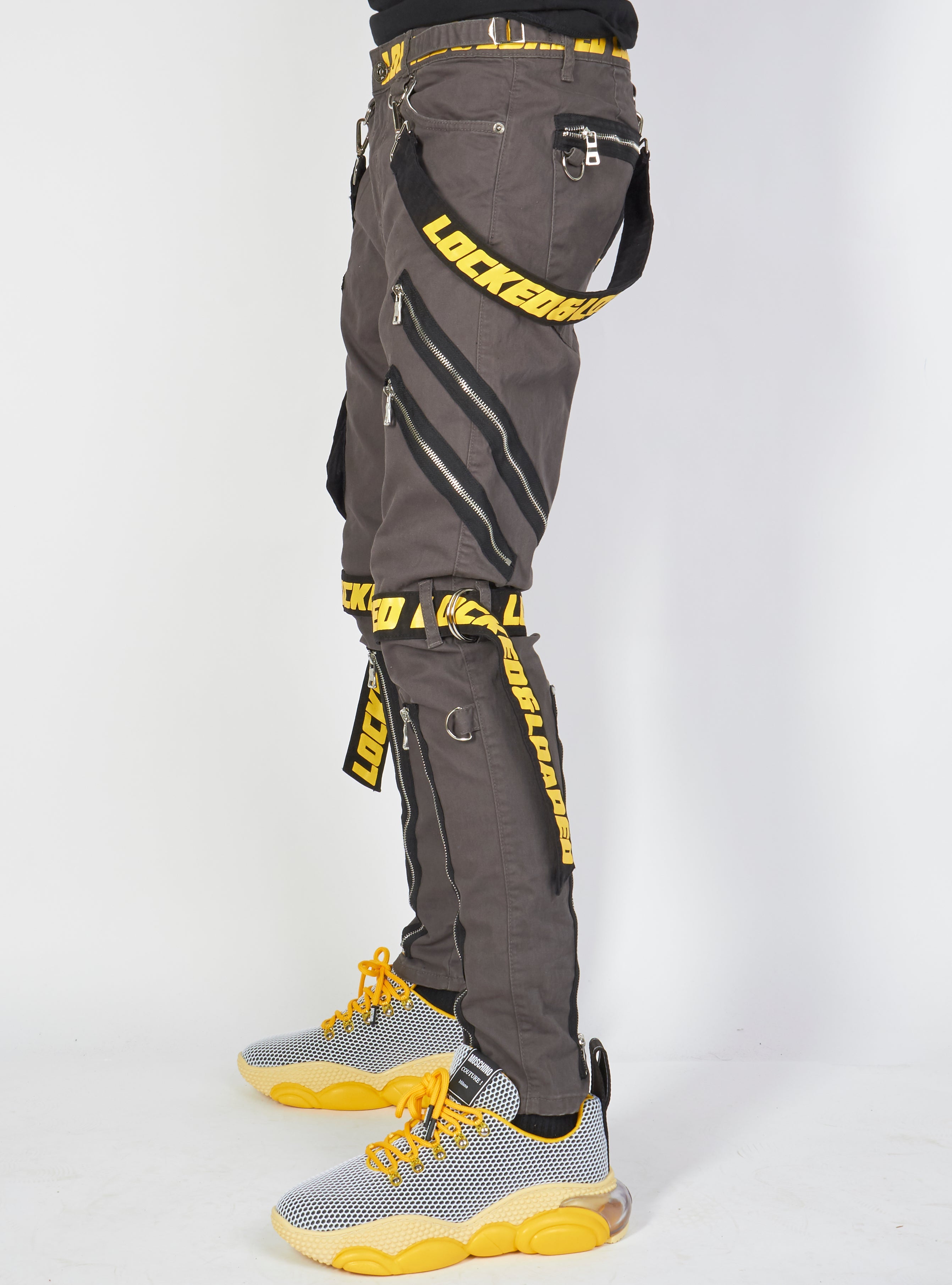 LNL Jeans - Straps and Pocket - Dark Grey and Yellow - LLTP104