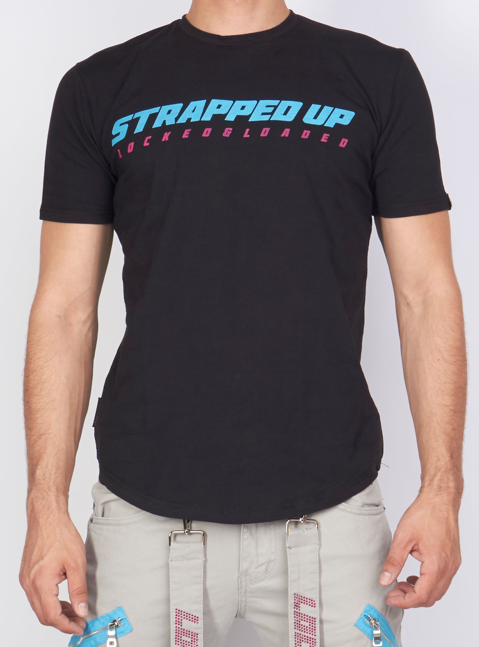 LNL T-Shirt - Strapped Up - Black, Blue And Pink