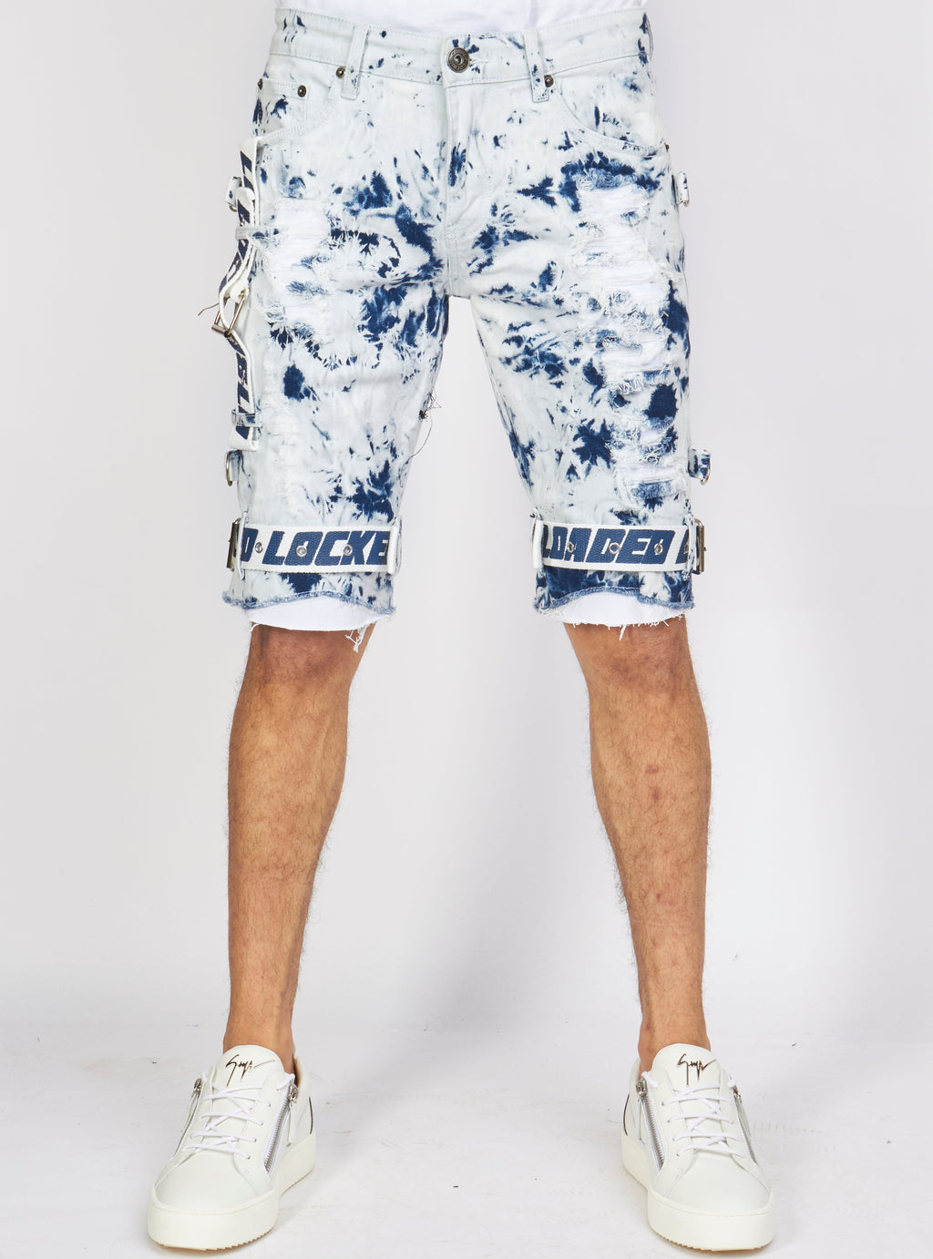 LNL Shorts - Strapped Denim - Acid Wash with White and Blue - LLDS421101