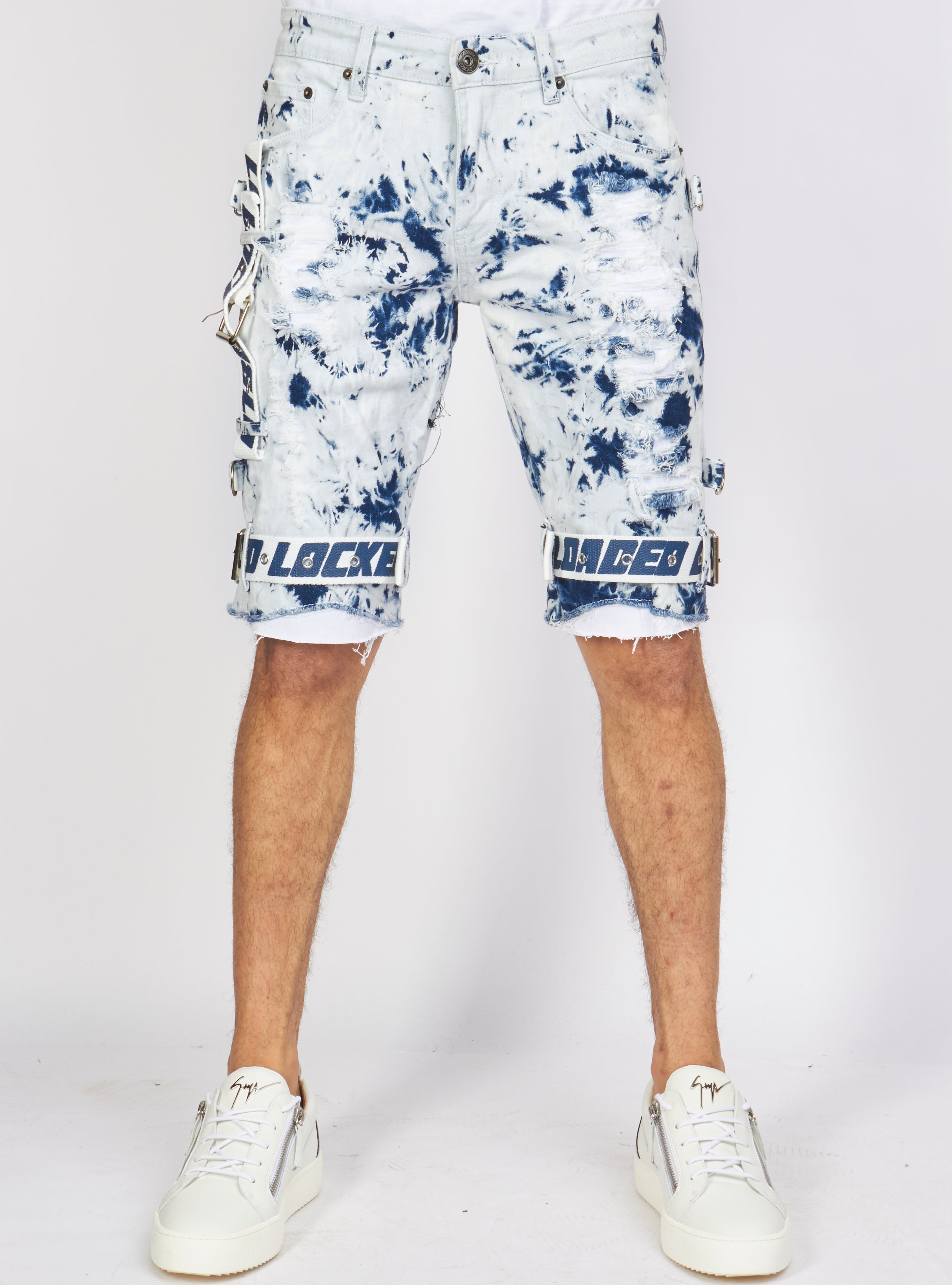 LNL Shorts - Strapped Denim - Acid Wash with White and Blue - LLDS421101