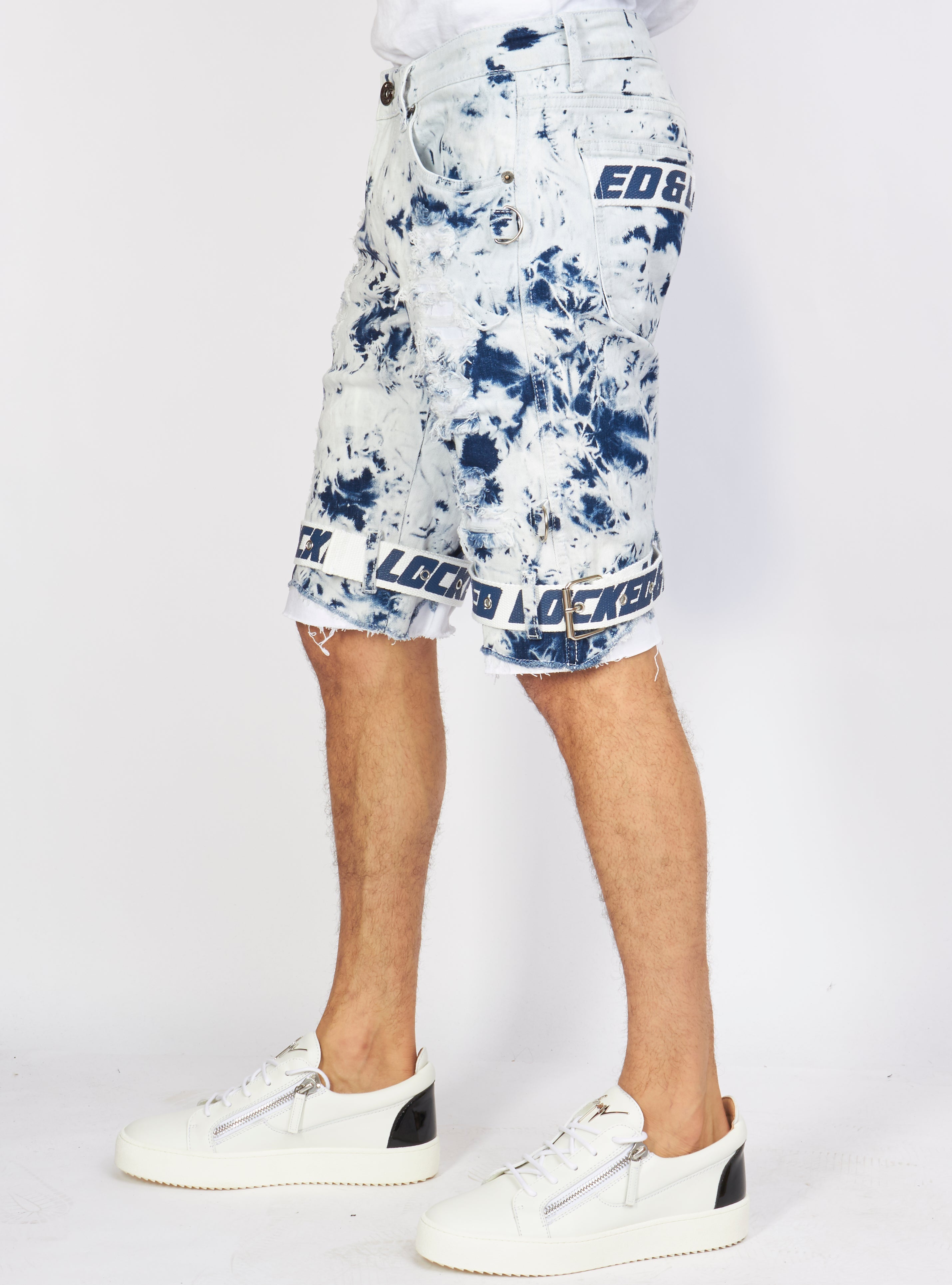 LNL Shorts - Strapped Denim - Acid Wash with White and Blue - LLDS421101