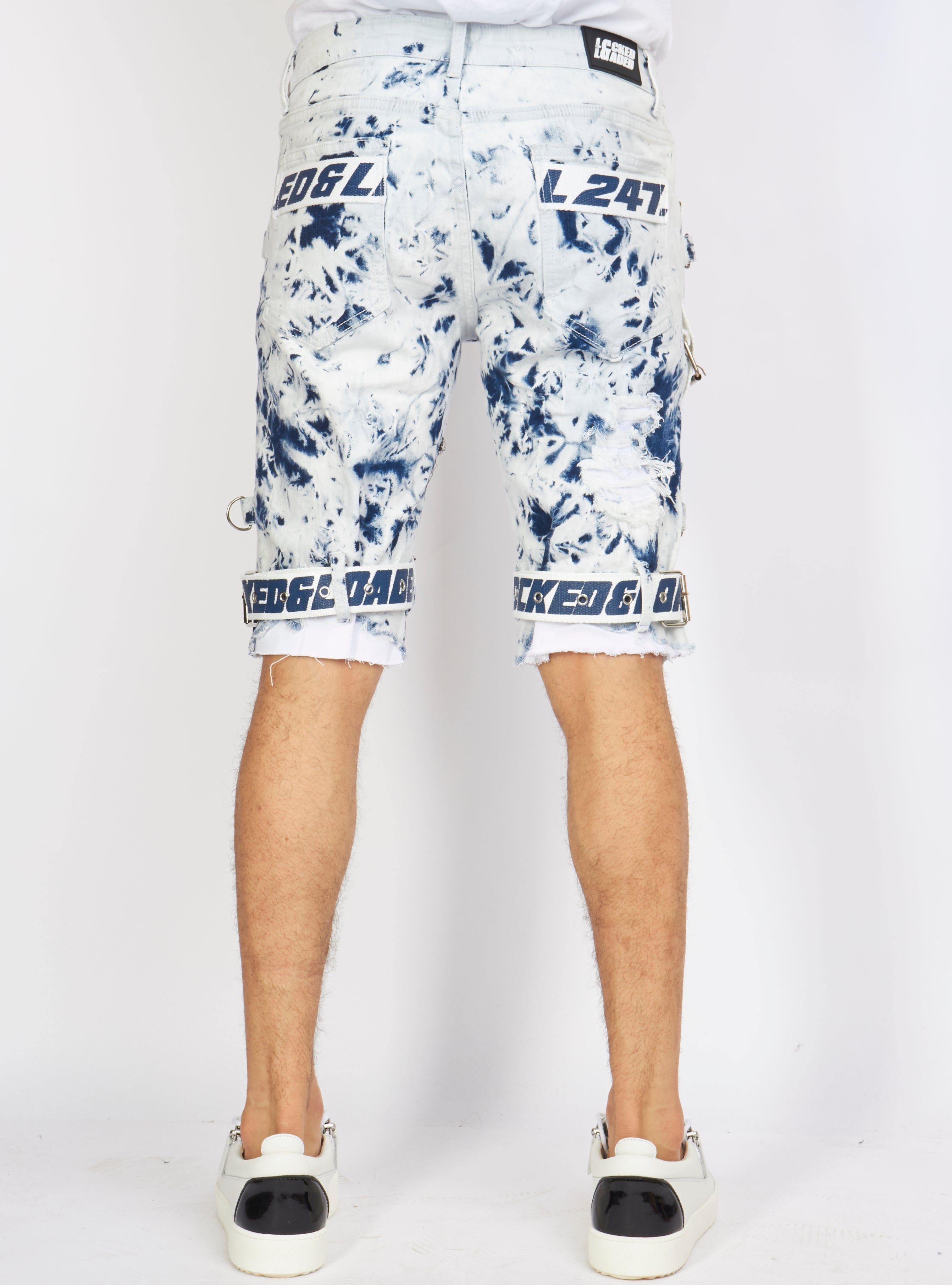 LNL Shorts - Strapped Denim - Acid Wash with White and Blue - LLDS421101